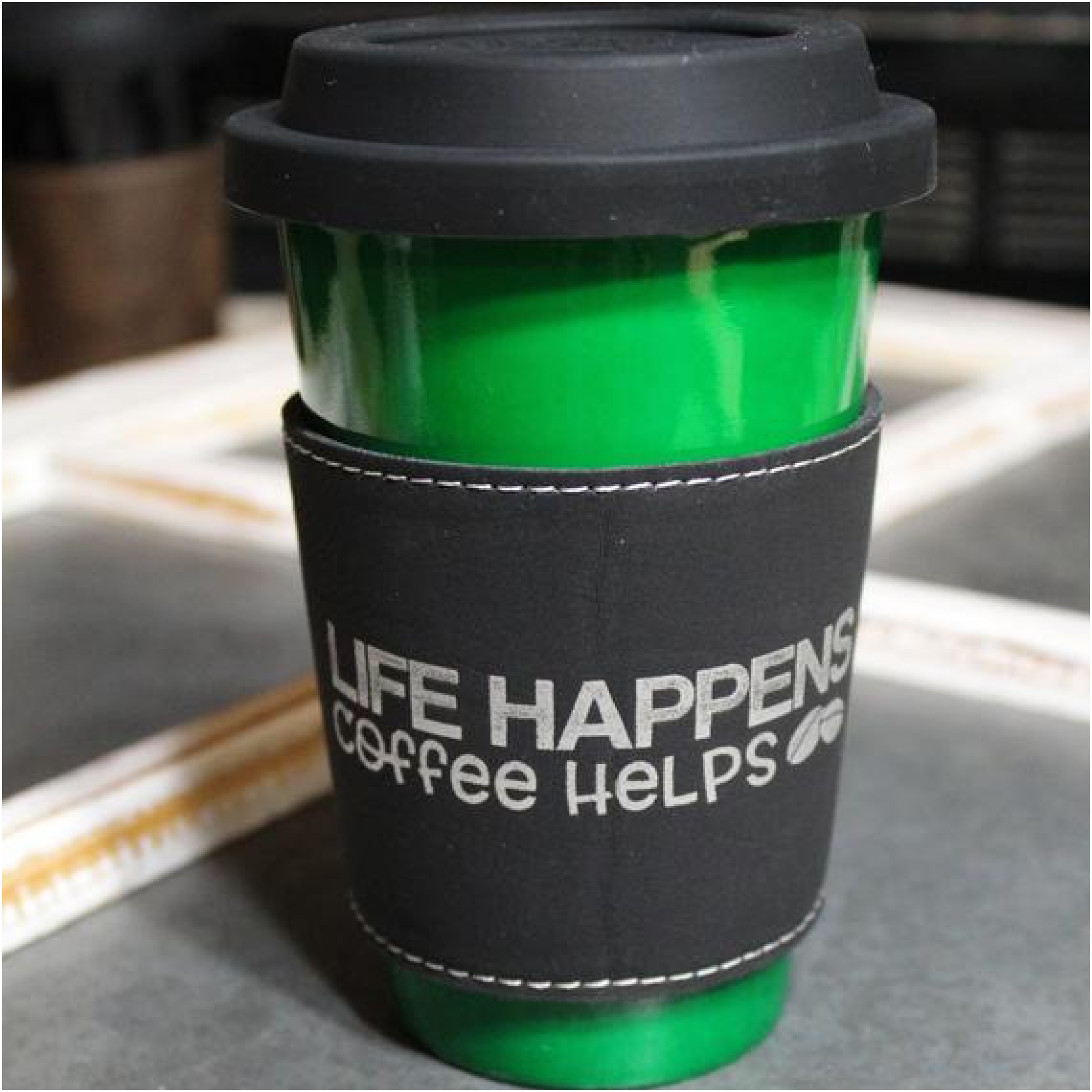 Ceramic Coffee Cup with Life Happens Coffee Helps Coffee Sleeve