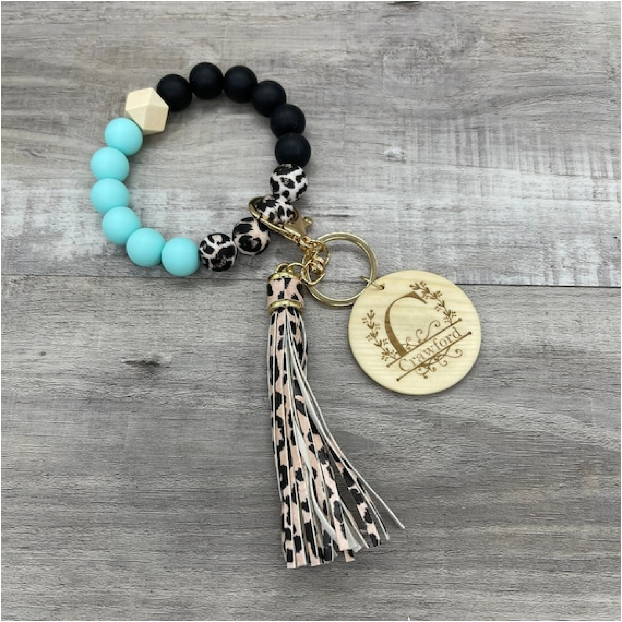 Personalized Leopard Print Keychain Wristlet - Silicone beads