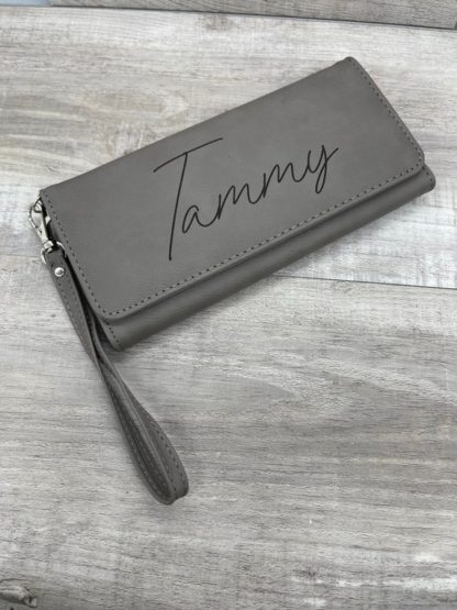 Personalized Gray Leatherette Women's Wallet with strap