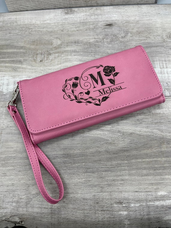 Personalized Rawhide Color Leatherette Women’s Wallet with strap – clutch, gift for her, Mothers Day, birthday gift for wife, bridesmaids - For The Little Things