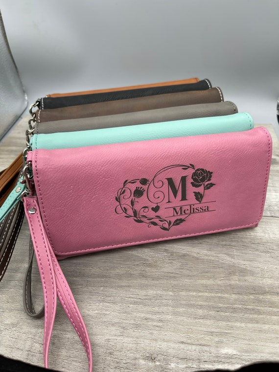 Personalized Pink Leatherette Women’s Wallet with wrist strap – clutch, gift for her, Mothers Day, birthday gift for wife, bridesmaids - For The Little Things