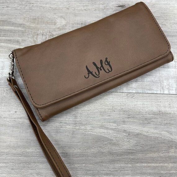 Personalized Dark Brown Leatherette Women's Wallet with wrist strap - clutch, gift for her, Mothers Day, birthday gift for mom, bridesmaids - For The Little Things