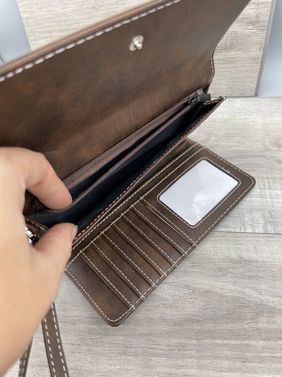 Personalized Dark Brown Leatherette Women's Wallet with wrist strap - clutch, gift for her, Mothers Day, birthday gift for mom, bridesmaids - For The Little Things