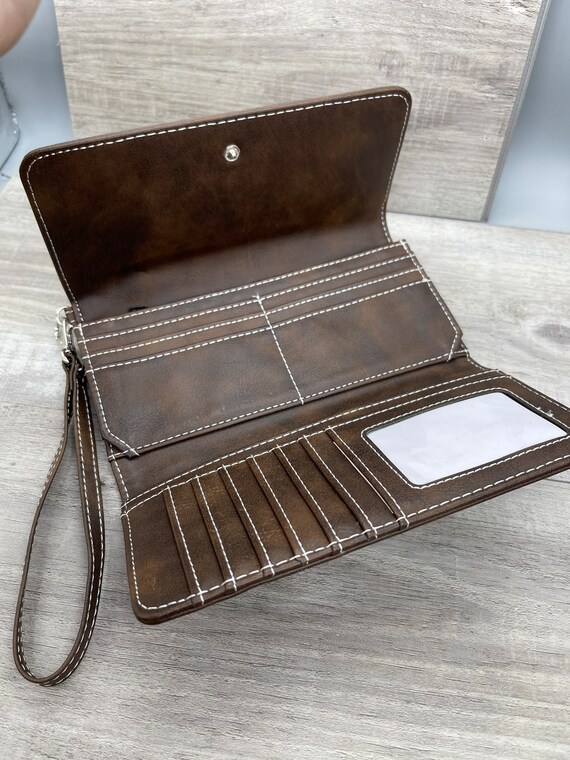 Personalized Dark Brown Leatherette Women's Wallet with wrist strap - clutch, gift for her, Mothers Day, birthday gift for mom, bridesmaids - For The Little Things