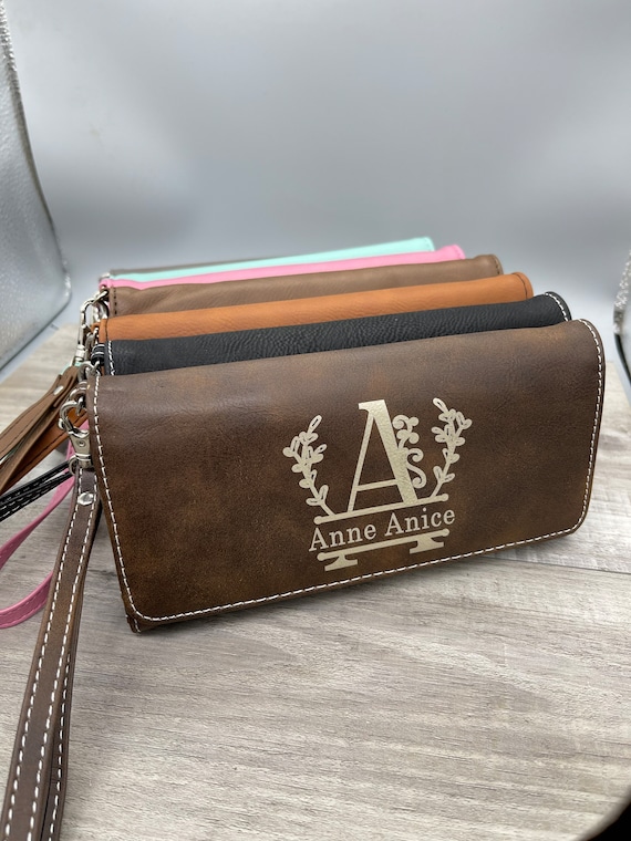 Personalized Dark Brown Leatherette Women's Wallet with wrist strap - clutch, gift for her, Mothers Day, birthday gift for mom, bridesmaids - For The Little Things