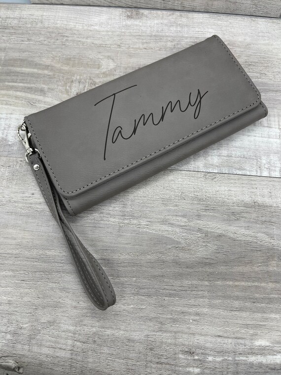 Personalized Dark Brown Leatherette Women's Wallet with wrist strap - clutch, gift for her, Mothers Day, birthday gift for mom, bridesmaids - For The Little Things