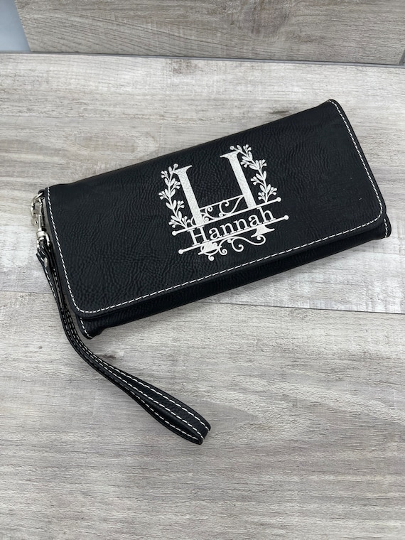 Personalized Dark Brown Leatherette Women's Wallet with wrist strap - clutch, gift for her, Mothers Day, birthday gift for mom, bridesmaids - For The Little Things