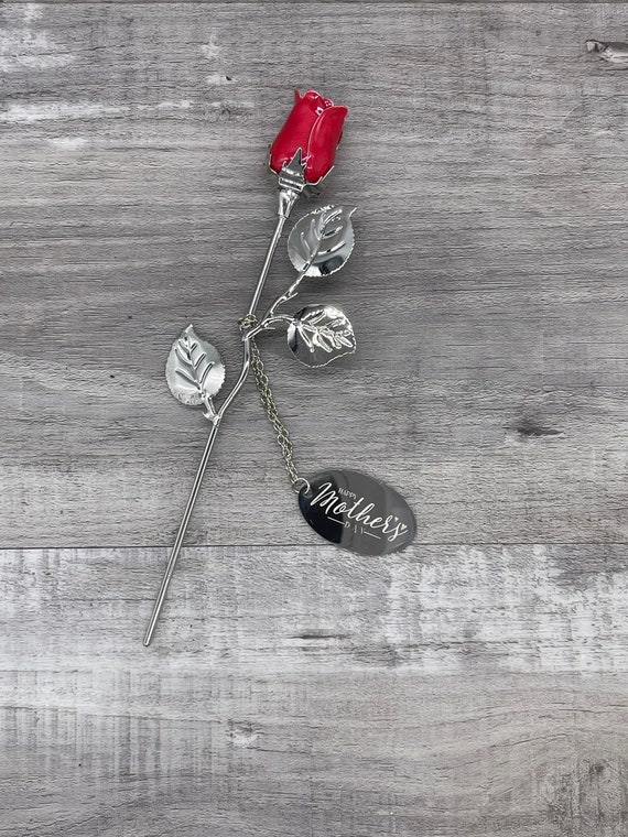Silver Plated Red Mother’s Day Rose – personalized gift for mom, metal flower, first mother’s day, from daughter, from son - For The Little Things