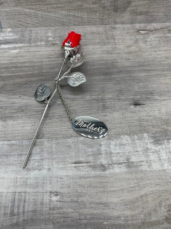 Silver Plated Red Mother’s Day Rose – personalized gift for mom, metal flower, first mother’s day, from daughter, from son - For The Little Things
