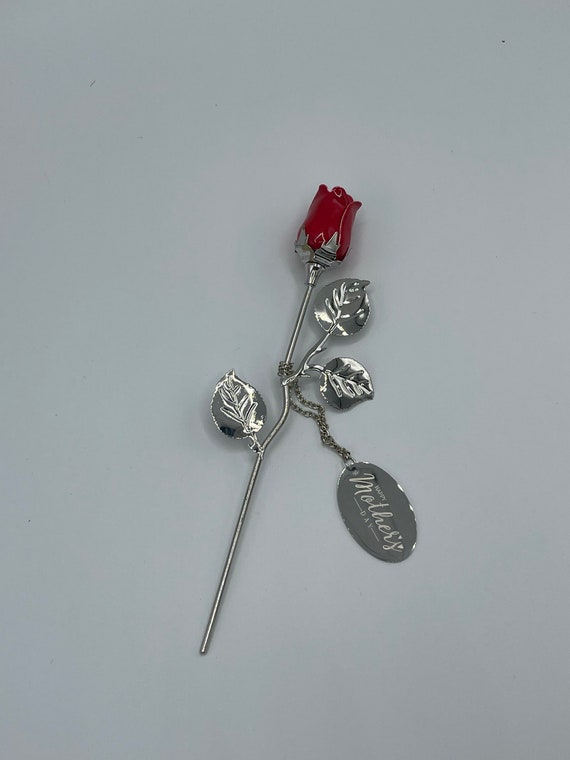 Silver Plated Red Mother’s Day Rose – personalized gift for mom, metal flower, first mother’s day, from daughter, from son - For The Little Things
