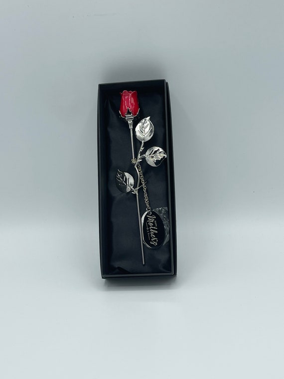 Silver Plated Red Mother’s Day Rose – personalized gift for mom, metal flower, first mother’s day, from daughter, from son - For The Little Things
